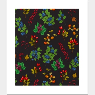 Autumn berries on chocolate brown Posters and Art